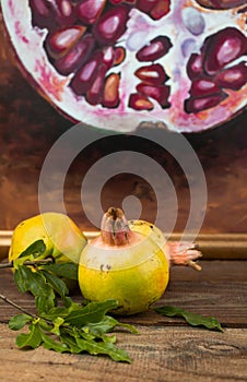 Whole unripe pomegranates with a blurred painting background on