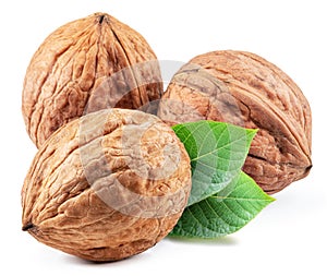 Whole walnut and walnut kernel with leaves isolated on white background