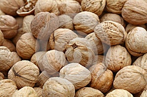 Whole walnuts in nutshells close up