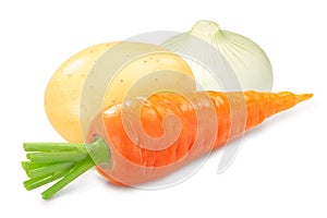 Whole washed carrot with potato  and onion isolated
