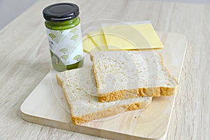 Whole wheat bread, cheddar cheese and matcha spread