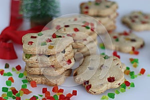 Whole wheat eggless tutti fruti cookies. Healthy cookies made of whole wheat flour, butter, sugar, vanilla and green and red tutti