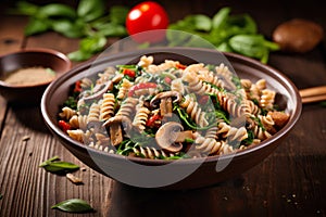 Whole Wheat Fusilli Pasta, Mushroom, and Spinach