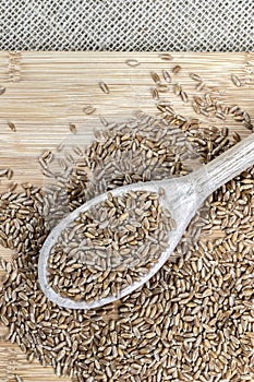 Whole wheat grains in a wooden spoon on a wooden table