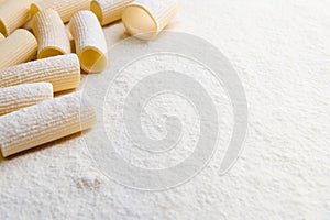 Whole wheat Italian pasta - uncooked tortiglioni- in the corner of a white coloured background with copy space for food