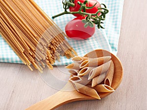 Whole wheat pasta still life photo