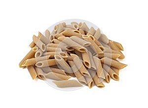 Whole wheat penne pasta isolated over white background