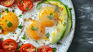 Whole wheat toasted bread with avocado, poached egg, pea sprouts and cheese over white background. Top view. Healthy