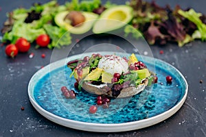 Whole wheat toasted bread with avocado, poached egg, soft cheese and mix salad. Healthy diet food breakfast