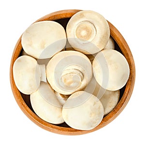 Whole white champignon mushrooms in wooden bowl