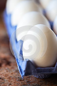 Whole white egg in a carton. Macro photography. Selective focus