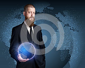 Whole world in his hands. Bearded mature businessman