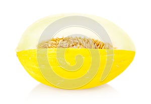 Whole yellow Canary melon isolated white in studio photo