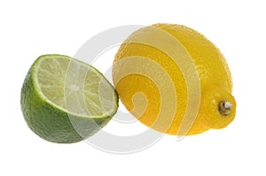 Whole yellow lemon and half lime close-up on white background