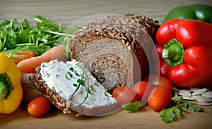 Wholemeal bread with butter and vegetables