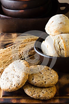 Wholemeal bread whish flax linen seeds and wheat spike