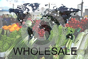 Wholesale business. World map and assortment of vegetables on background