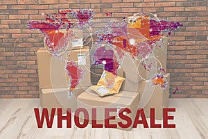 Wholesale business. World map and parcel boxes on background