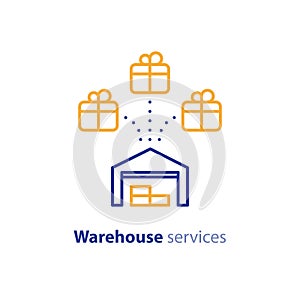 Wholesale center icon, order shipping, distribution warehouse services, parcel storage concept