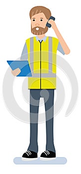Wholesale, logistic, business, people concept - man calling on smartphone at warehouse. Illustration on a white