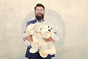 Wholesale. Love and kindness. Happy adulthood. Man hug many teddy bear toys. Birthday gift concept. Teddy bear pleasant