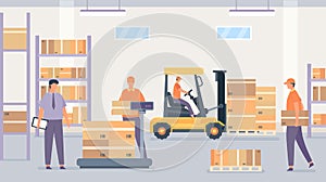 Wholesale stockroom, workers in storage room organize crates
