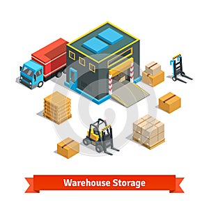 Wholesale warehouse storage building with forklift photo