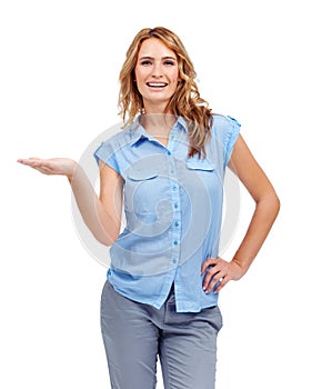 Wholesome beauty endorsing your product - Copyspace. A beautiful woman holding her palm up for you to place your awesome