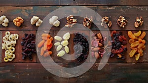 Wholesome dried fruits arranged neatly on a textured wood surface