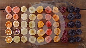 Wholesome dried fruits arranged neatly on a textured wood surface