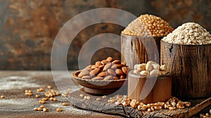 Wholesome grains and nuts displayed in rustic containers, advocating balanced nutrition