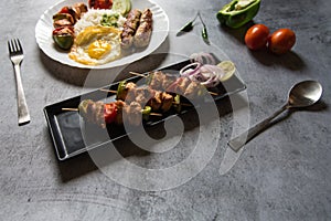 Wholesome meal menu chelo kebab and meat kebabs. A popular middle eastern delicacy.