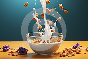 Wholesome morning Flying granola, milk splash  bowl cradles nutritious breakfast components