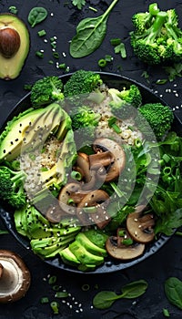 Wholesome vegan lunch bowl with avocado, mushrooms, broccoli, and spinach for a nutritious meal