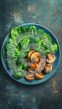 Wholesome vegan lunch bowl with avocado, mushrooms, broccoli, and spinach for a nutritious meal