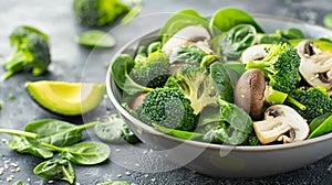 Wholesome vegan lunch bowl with avocado, mushrooms, broccoli, and spinach for a nutritious meal