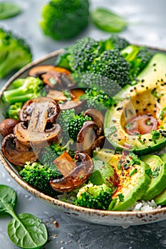 Wholesome vegan lunch bowl with avocado, mushrooms, broccoli, and spinach for a nutritious meal