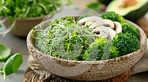 Wholesome vegan lunch bowl with avocado, mushrooms, broccoli, and spinach for a nutritious meal