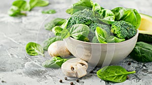 Wholesome vegan lunch bowl with avocado, mushrooms, broccoli, and spinach for a nutritious meal