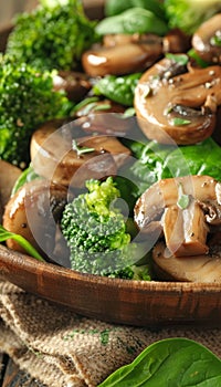 Wholesome vegan lunch bowl with avocado, mushrooms, broccoli, and spinach for a nutritious meal