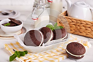 Whoopie pies. Chocolate sandwich cookies with cream filling