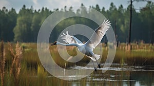 Whooping Crane flying in swamp