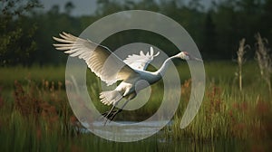 Whooping Crane flying in swamp