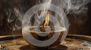 Whorls of smoke curling around a wooden and crystal smudge bowl filled with sacred cleansing herbs