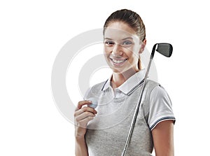 Whos up for a game of golf. Studio shot of a young golfer holding a golf ball and iron club isolated on white.
