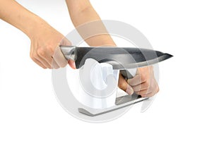 Whte knife sharpener, isolated background