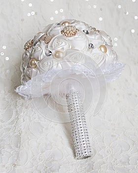 Whtie glam rose and pearl bridal bouquet