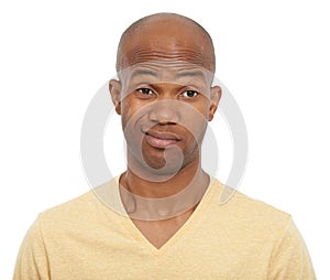 Why, confused and black man with choice, thinking and guy isolated on white studio background. African person, decision