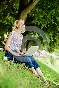 Why employees need to work outdoors. Girl laptop outdoors. Being outdoors exposes workers to fresher air and