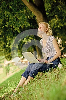 Why employees need to work outdoors. Girl laptop outdoors. Being outdoors exposes workers to fresher air and